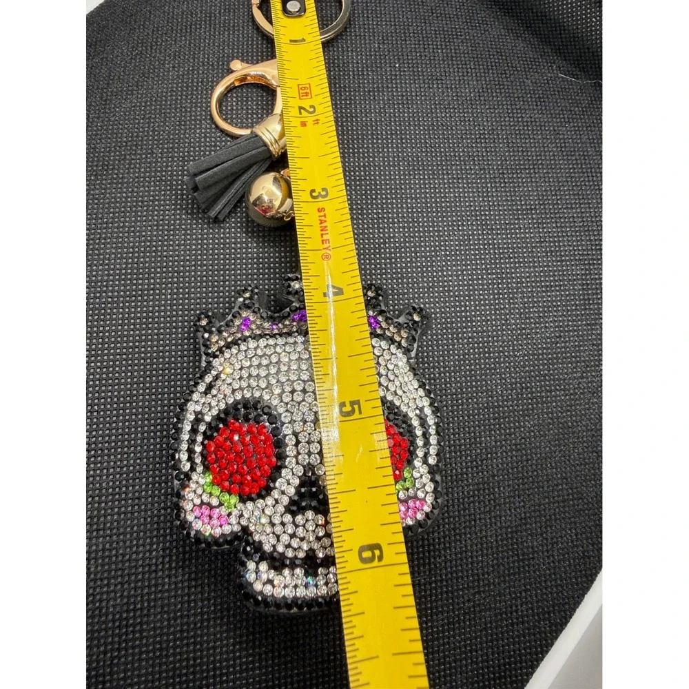Rhinestone Sugar Skull Keychain Crown Tassel Gold Tone Bag Charm Day of the Dead